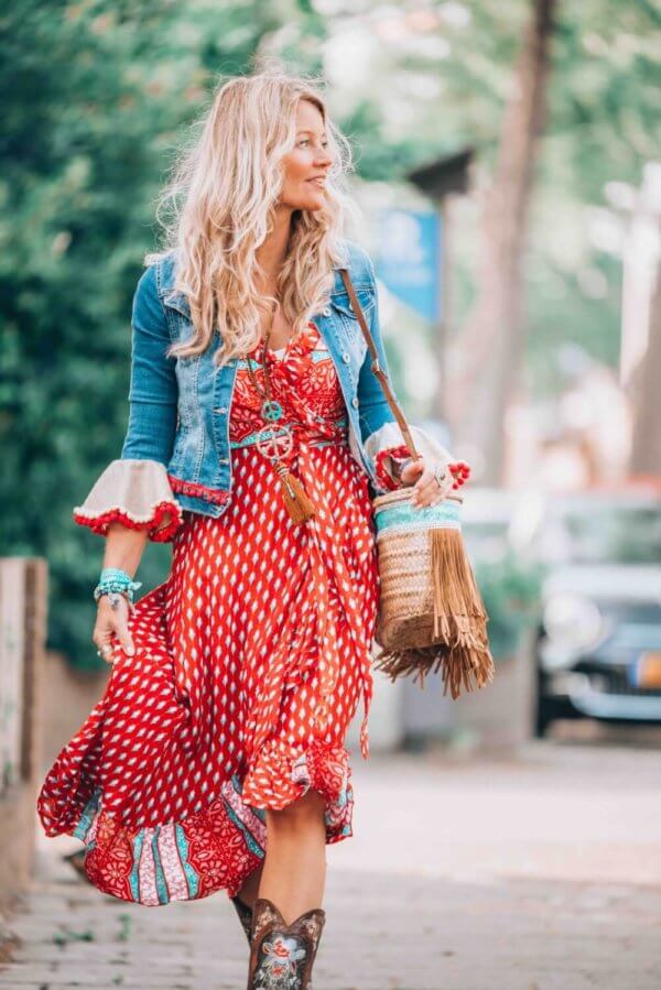 boho dress with denim jacket