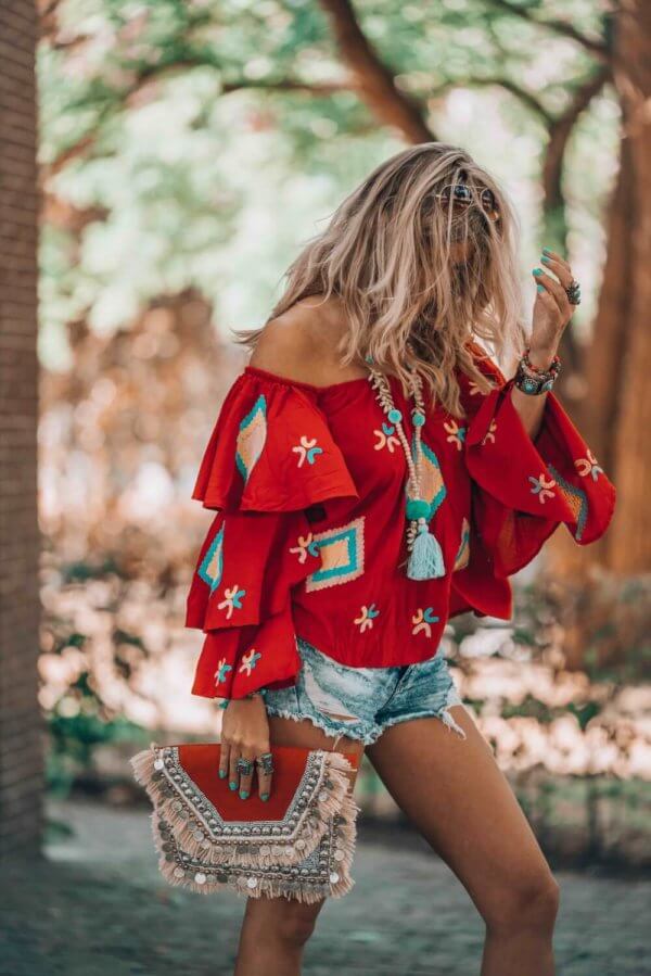 red bohemian blouse