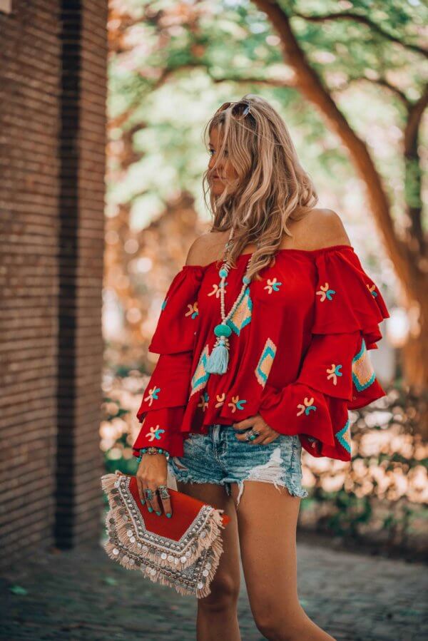 Positive vibes only! Wearing my favorite bohemian red blouse by Spell