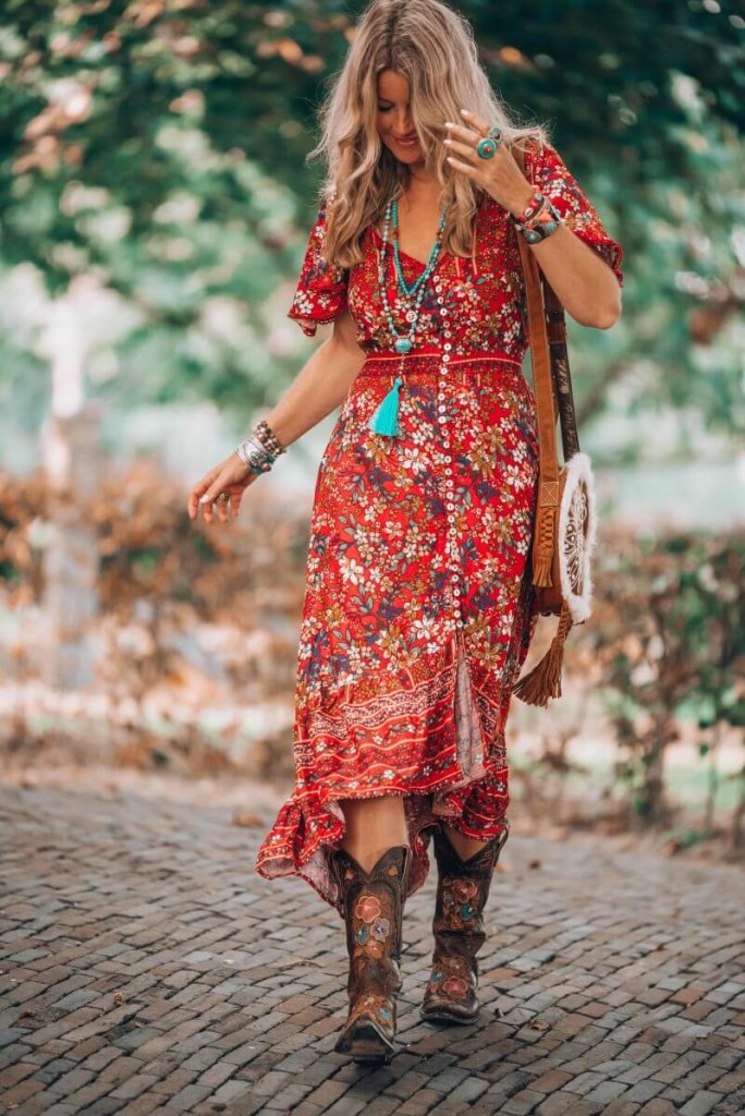 red dress bohemian style