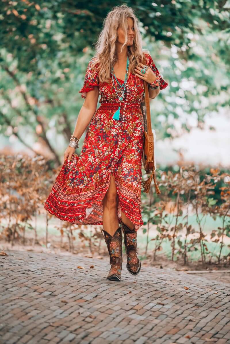 That fabulous red dress  bohemian style  that has got 