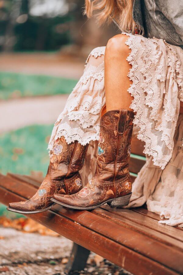 white lace dress with boots