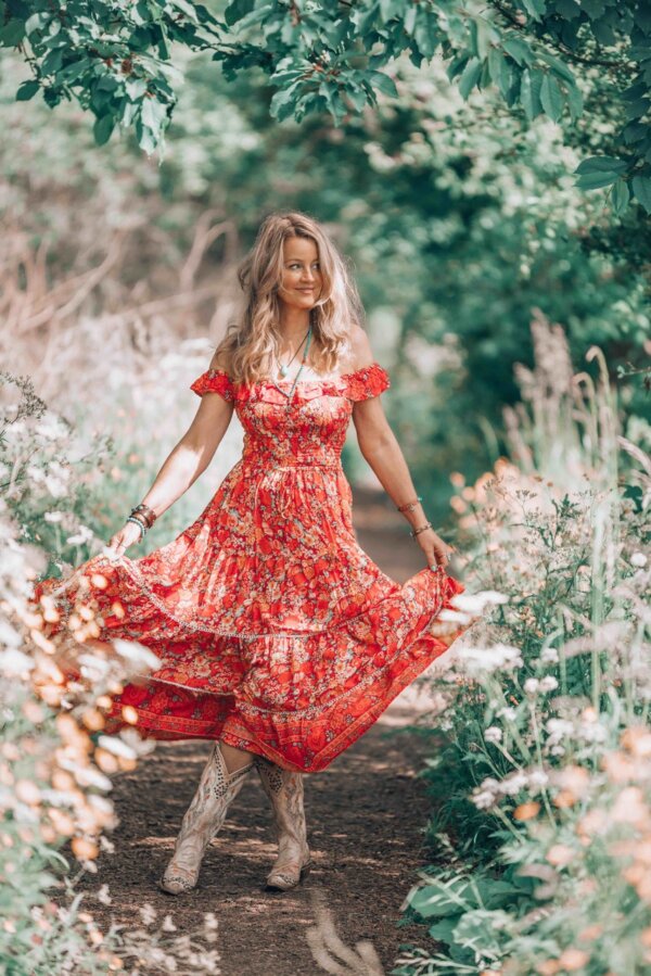 Ibizabohogirl in bohemian red dress